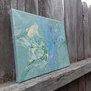 Abstract Wall Art blue and green glitter 8x10 fluid artwork on canvas